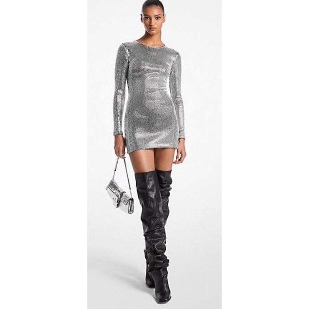 $1295 Michael Kors Crystal Embellished Scuba Long Sleeve Mini Dress NWT
